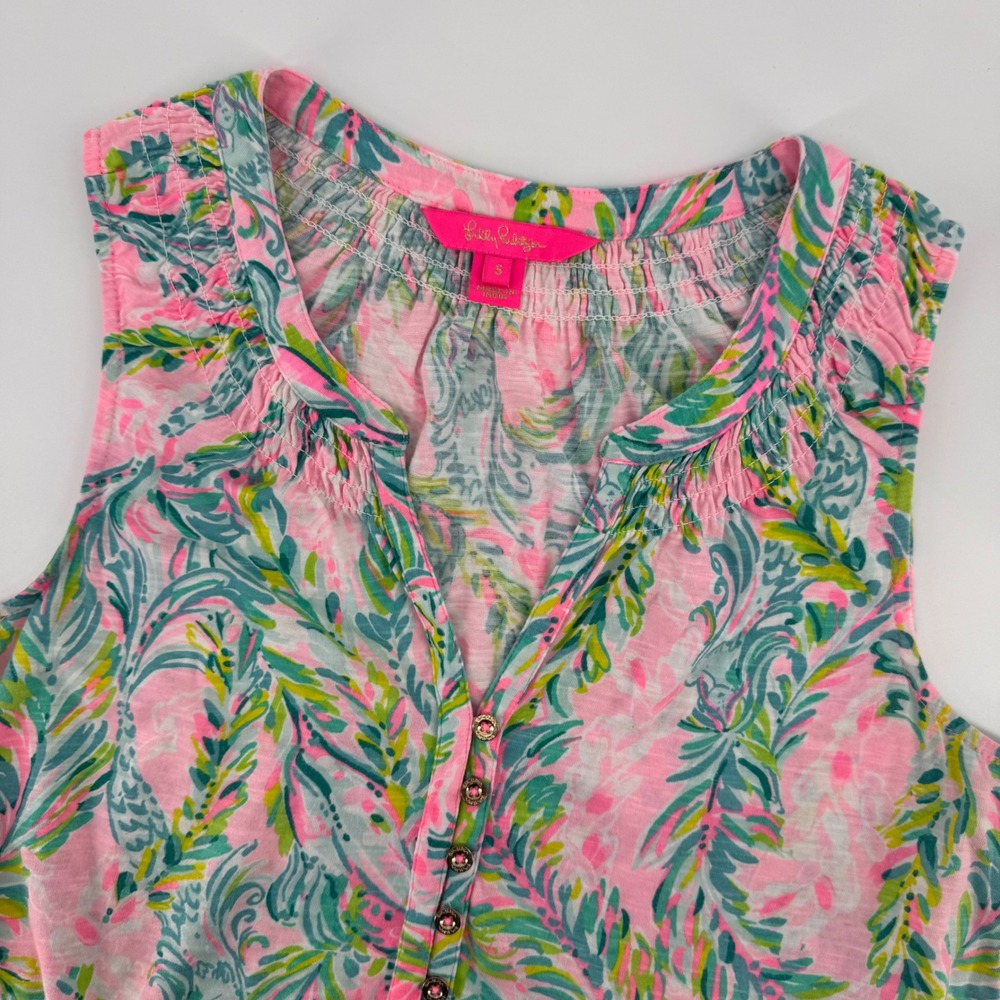 Lilly Pulitzer Tank Top Womens S Pink Green Tropical Paisley Smocked Cotton